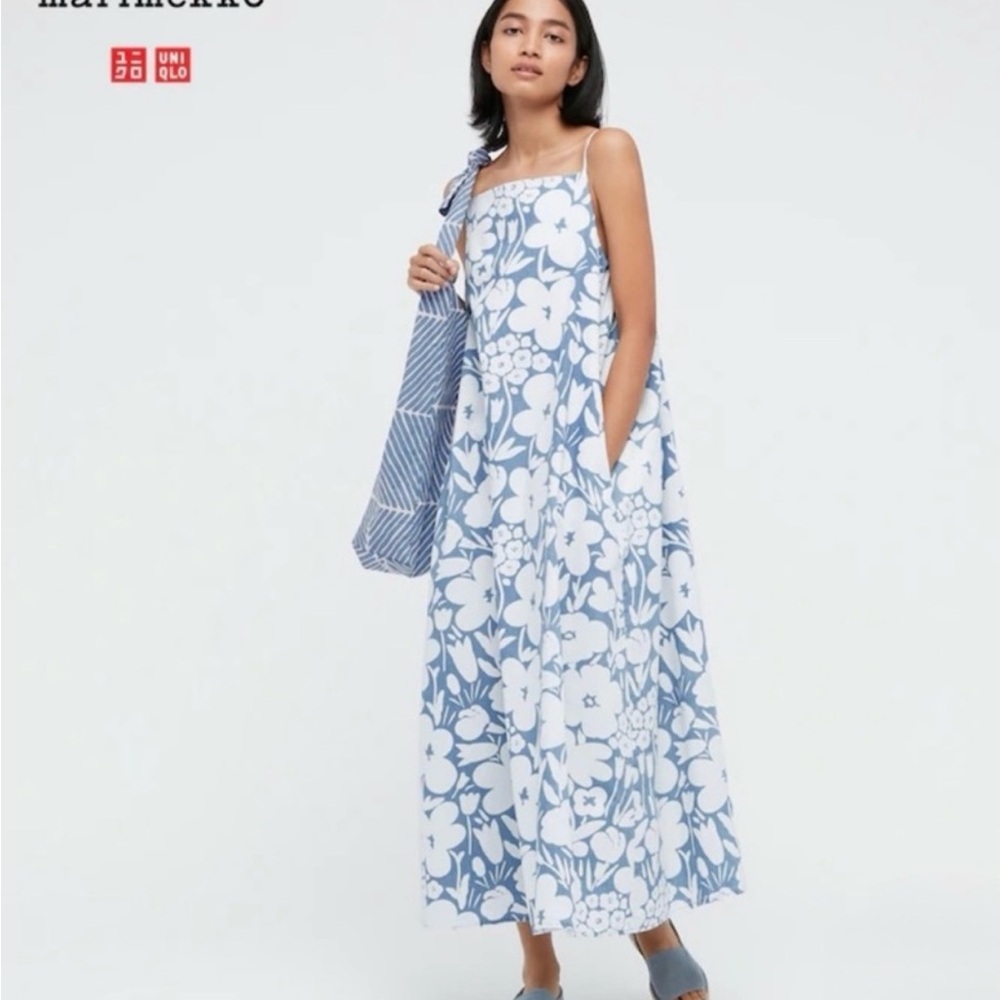 Marimekko x Uniqlo White and Blue Floral Sun Dress Camisole Dress